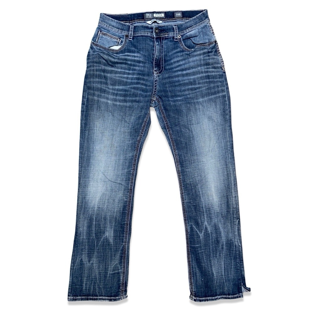 BKE Tyler Men's Straight Leg Jeans 34R Blue Denim Buckle Distressed Western Fade